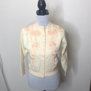 Charles & co white and orange floral pearl button up sweater size small​